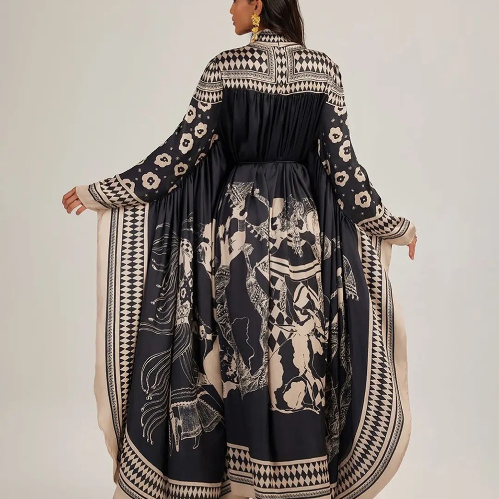 Designer-Style Motif Printed Black & Cream Long Sleeve Maxi Dress - Picture 4 of 8